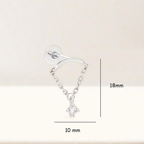 Silver Tassel Chain Dainty Cubic Zirconia Cartilage Earring with Flat Screw Back - Picture 3 of 6